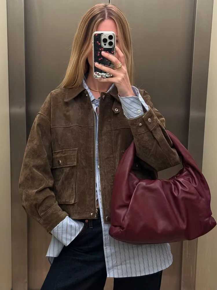 SLTNX Womens Olive Green Suede Jacket Oversized Lapel Coat Long Sleeve Pocket Streetwear Fall Winter OuterwearT260328