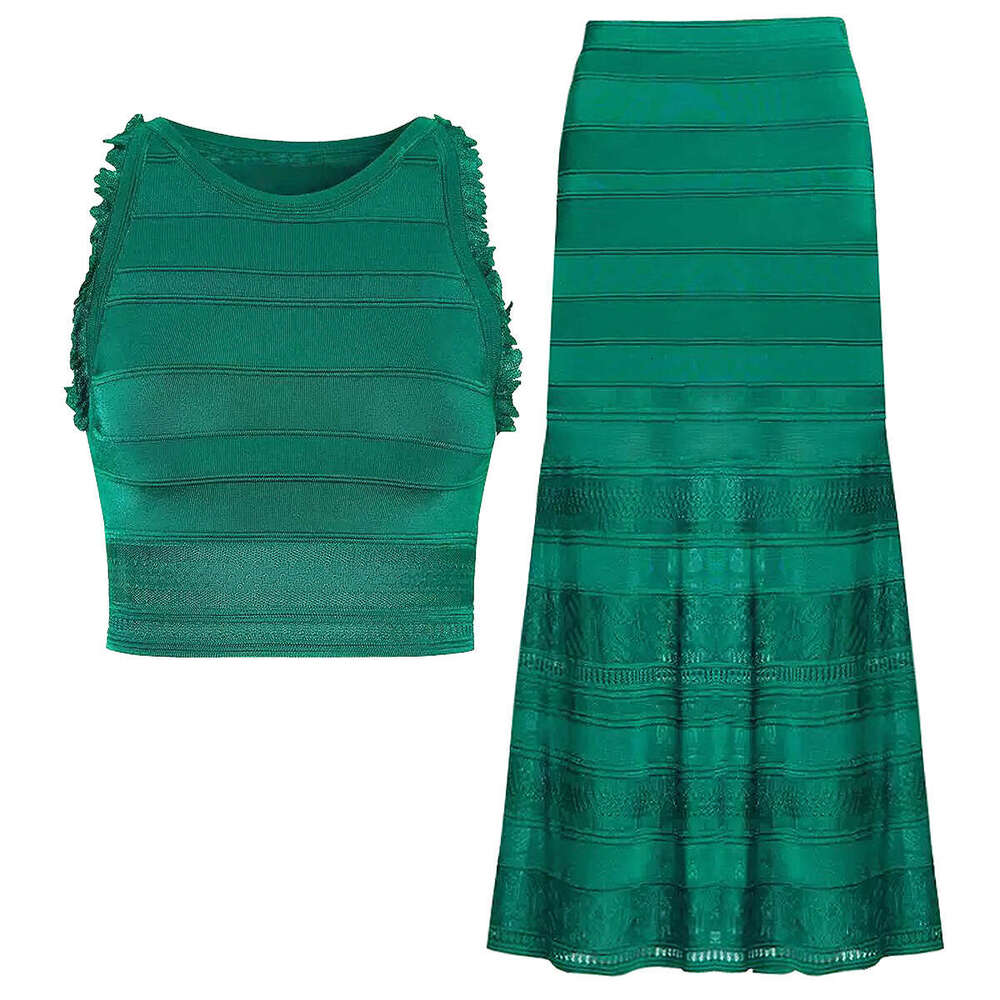 Summer new designer A9 high-quality sleeveless elegant short knitted top+mid length skirt set 2026
