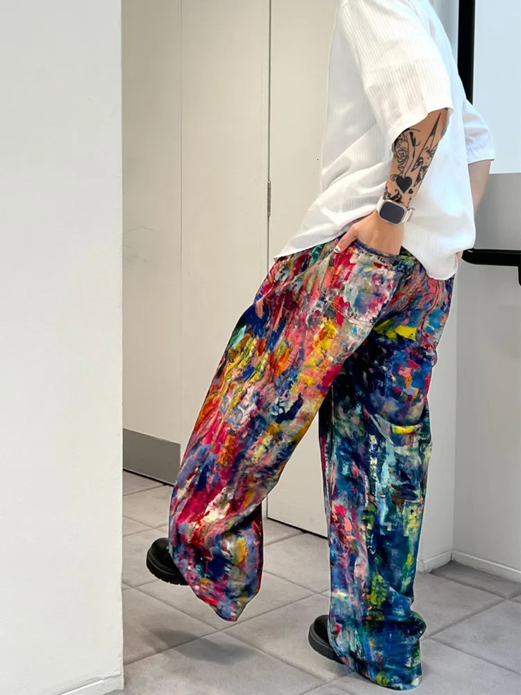 Ropa Y2K Streetwear Graffiti Painting Baggy Jeans Pants For Men Clothes Colorblock Wide Leg Denim Trousers 260326