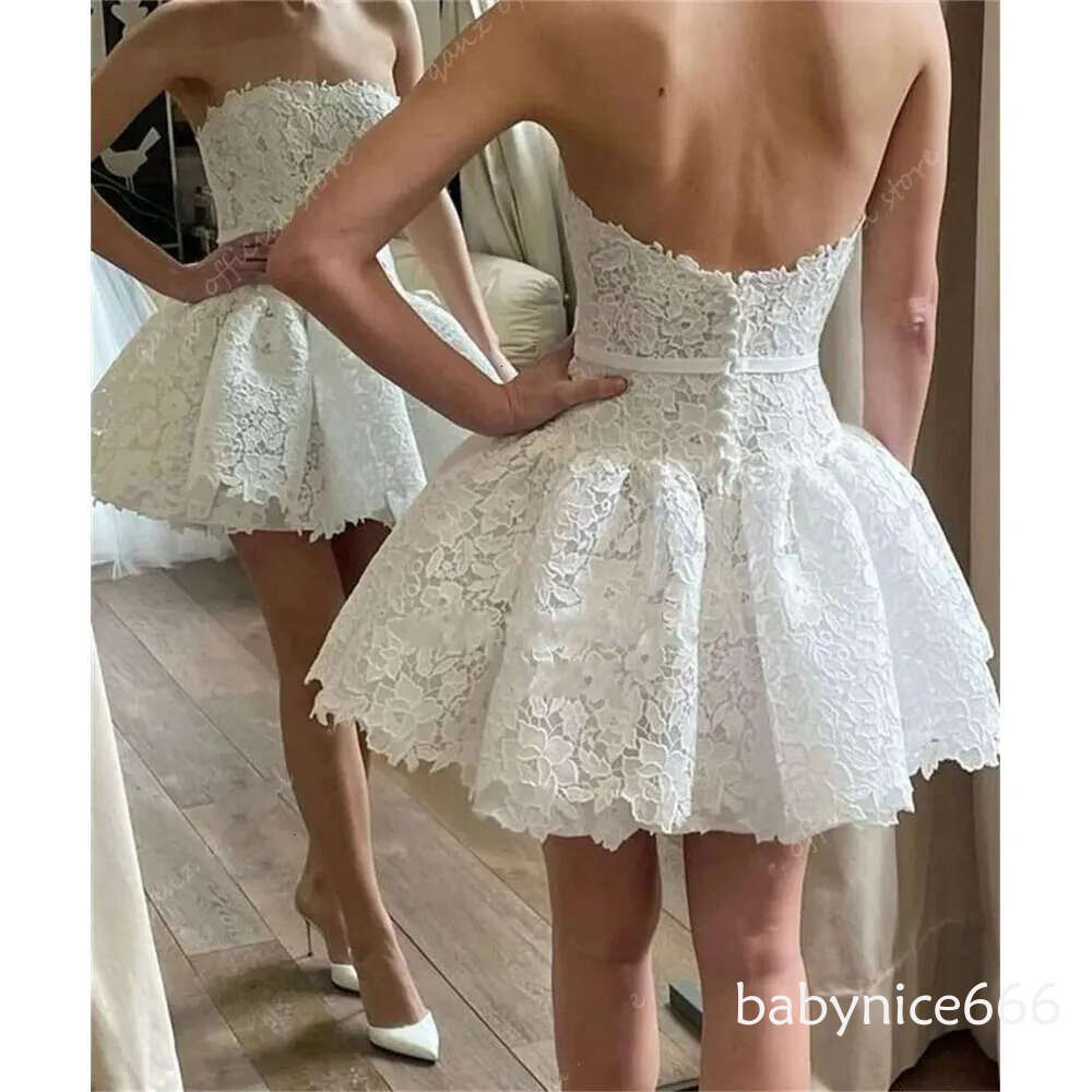 NEW Short lace Wedding Dress Strapless A Line Backless Birthday Bride Party Night Gowns Vestidos Novia Robes De Mariage