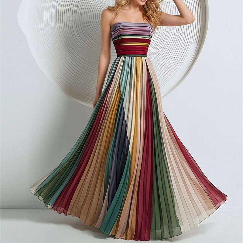 2026 Spring New Collection: Cross-Border European American Foreign Trade Women's Clothing - Elegant and Sexy Strapless Printed Colorful Formal Dr