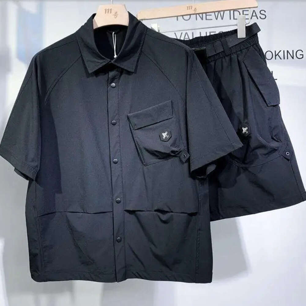 Summer American Vintage Loose Workwear Casual Set Men Fashion Shirt Shorts Two-Piece