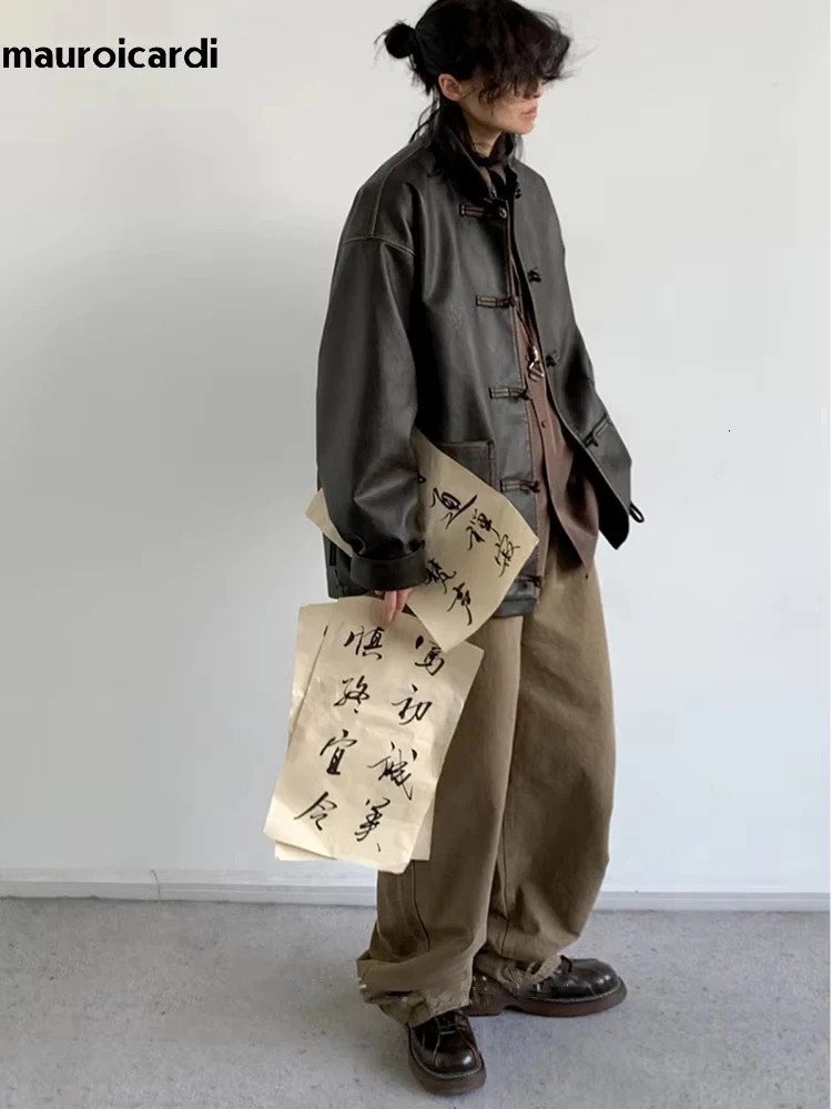 Mauroicardi Spring Cool Oversized Vintage Distressed Pu Leather Jacket Men Elegant Chinese Style Clothes 260327