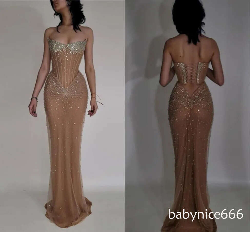 Gorgeous Dark Champagne Evening Prom Dresses Sexy Strapless Beads Crystals Corset Backless Long Vestidos de novia BC20529