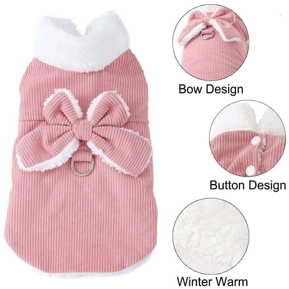 Pet Dog Coat Vest For Small Medium Dogs Cat Winter Warm Puppy Clothing With D-ring Cute Bow Kitten Costume Yorkshire Pug Outfits