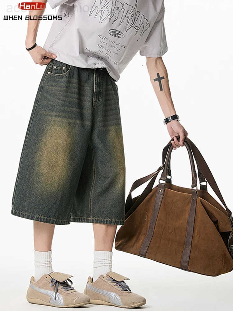 2025 Summer Mens Wide Leg Jeans Shorts Vintage Distressed Wash Y2K Straight Elastic Waist Loose Casual Relaxed Fit H260330