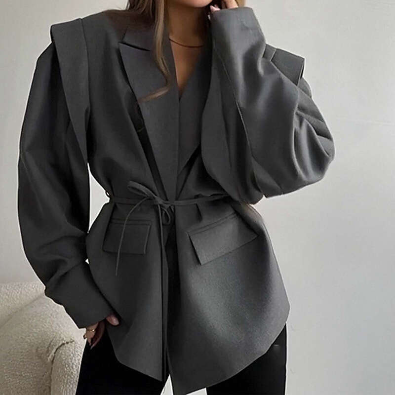 2026 New Arrival: Cross-Border European and American Foreign Trade Women's Clothing - Elegant Commuting Solid Color Belted Blazer with Suit Colla