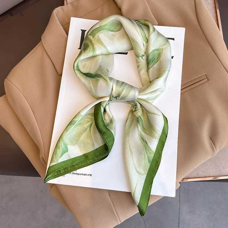 7070cm Green Floral Print Silk Square Scarf for Women Soft Head Scarves Kerchief Hairband Female Headband Hands Headscarf Hijab Z260330