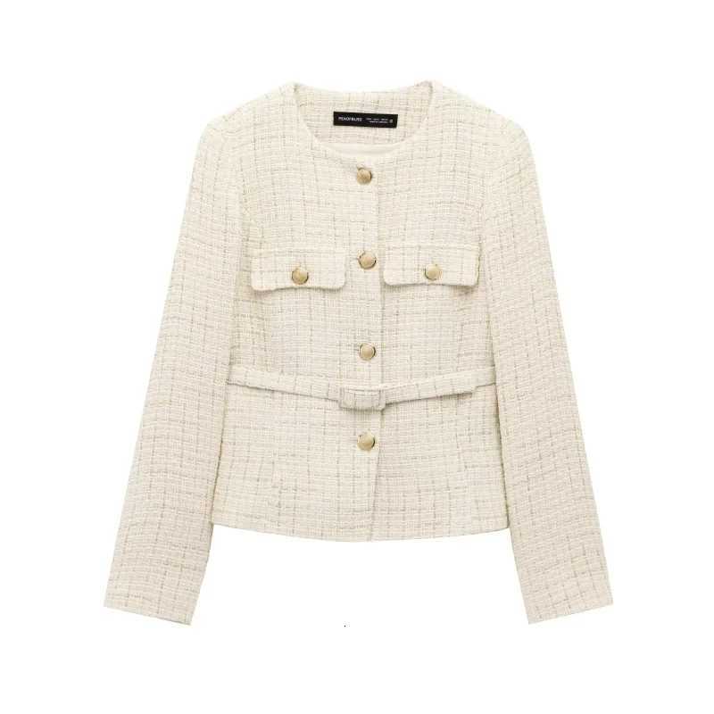 ETJ 2025 Womens Spring collection Vintage crewneck Fashion Gold button-up belt textured casual blazer for women jacketT260328