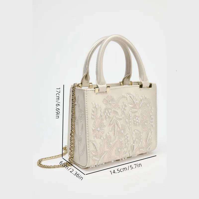 Chinese Embroidery Pearl Mini Duffel Handbag, Women's Crossbody With Chains, Fashionable Small Tote Bag Ladies Luxury Bags