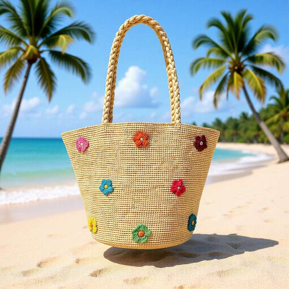 Totebag Shoulder ROSE NOIRE Hand Crocheted Raffia Straw Bucket Women Large Capacity Shoulder Bag With Embroidered Flowers Versatile For Vacation And B