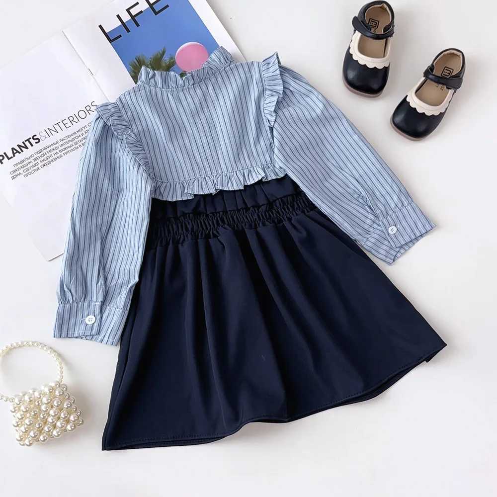 Autumn Girls Sweet Cute Fashion Striped Long Sleeve Bow Decoration Patchwork Dress 1 Pc 2-7 Years Kids Casual ClothesT260330