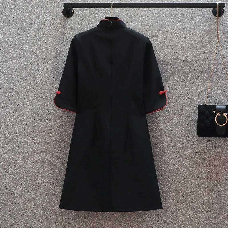 INS M-4Xl NEW 2022 Black Peking Opera Print Fashion Modern Cheongsam Dress Women Short Sleeve Qipao Traditional Chinese Style MAKOUFEI