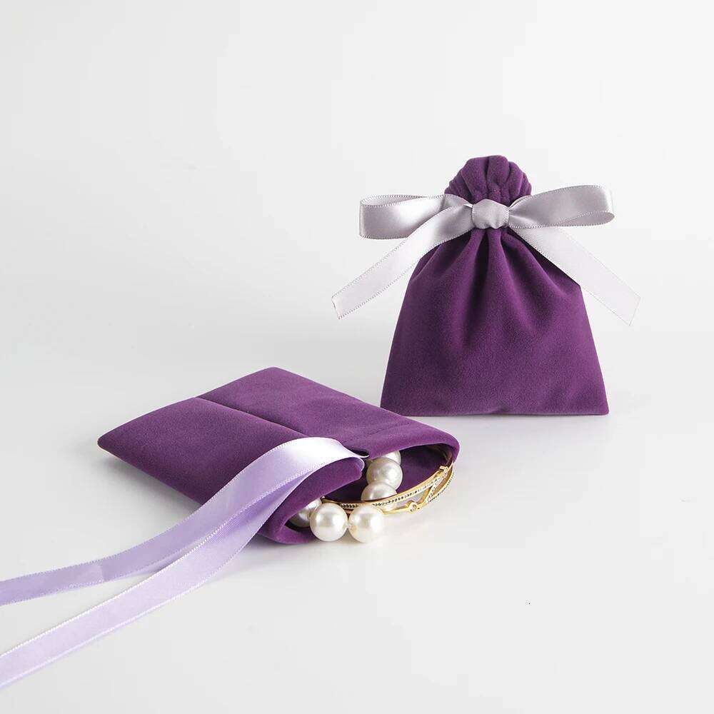 10Pcs Bulk Purple New Jewelry Gift Candy Display Packing Storage Bags For Wedding Travel Drawstring Dust Velvet Ribbon Pouches