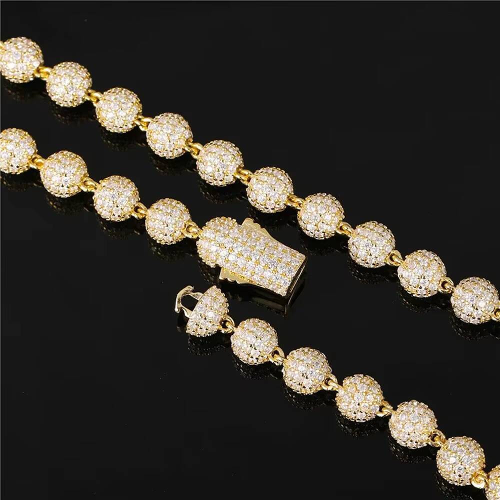 Ice Out Luxury Mens Vintage Gold Plated 14K White Gold Full Moissanite Ball Chain Necklace Premium Jewellery