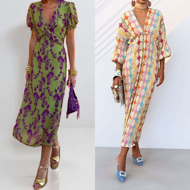 2026 Spring New Collection: Cross-Border European and American Foreign Trade Women's Clothing - Elegant Printed V-Neck Lantern Sleeve Dress