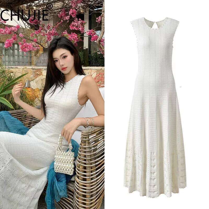 Summer 3-Piece French Style Set - Knit Maxi Dress Sleeveless Top + Cover-Up, Pearl & Hollow Out, Viscose+Nylon Mdng260330