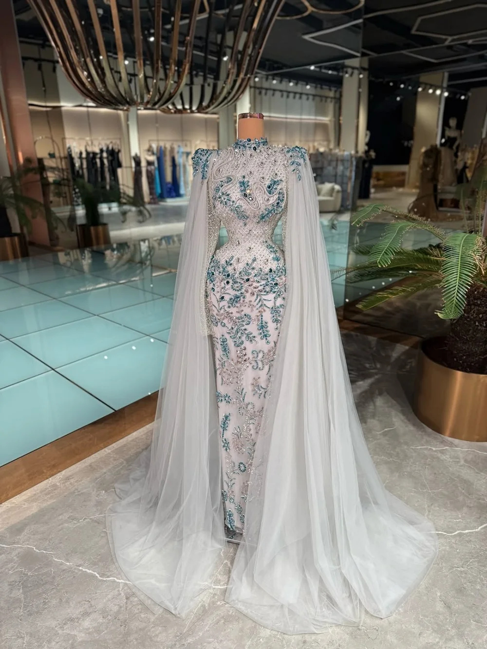 Fashion High Neck Sequins Prom Dresses Elegant Beaded Crystal Lace Evening Dress Floor Length Party Gown Customized