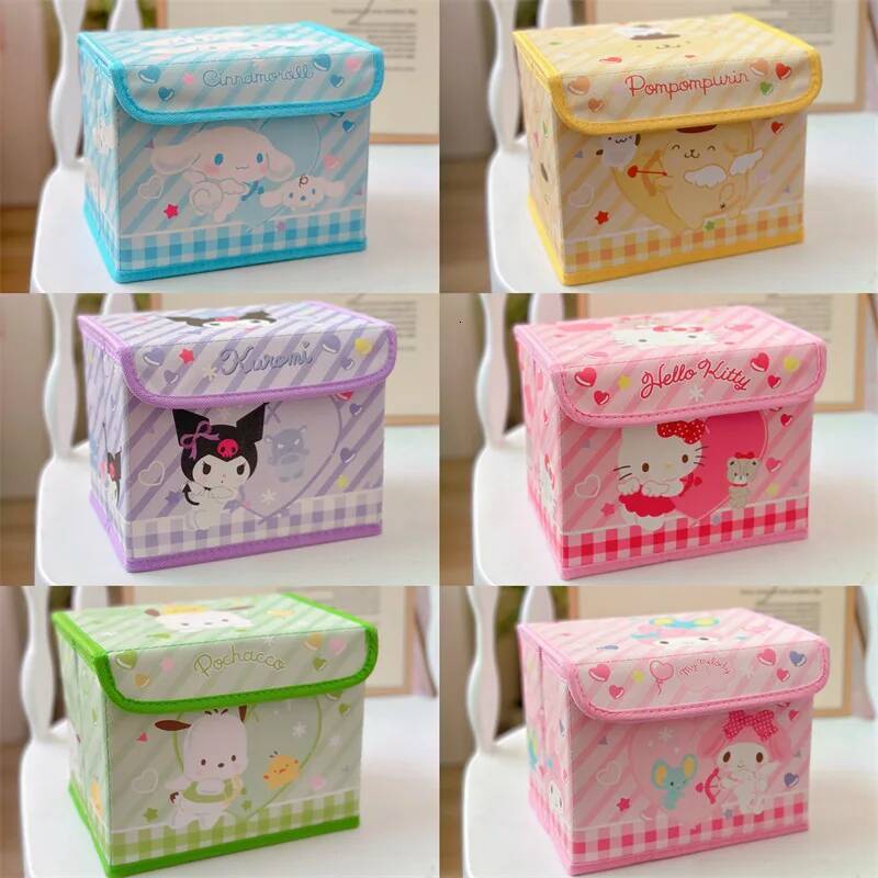 Hello Kitty Kawaii Kuromi Cinnamoroll Desktop Organizer Cosmetics Stationery Flattenable Dust-proof Flip Desk Storage Box