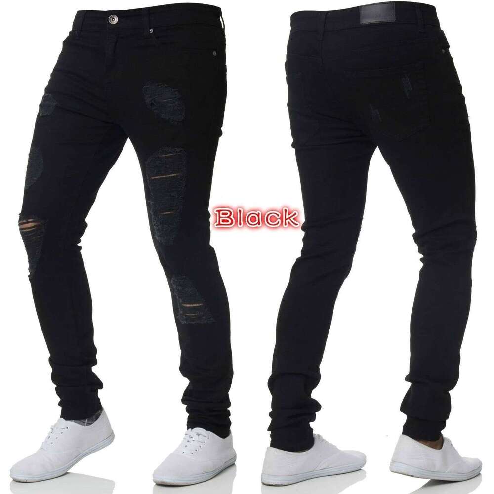 new White Embroidery Men Cotton Stretchy Ripped Skinny Jeans High Quality Hip Hop Black Hole Slim Fit Oversize Denim Pants 26Y0330