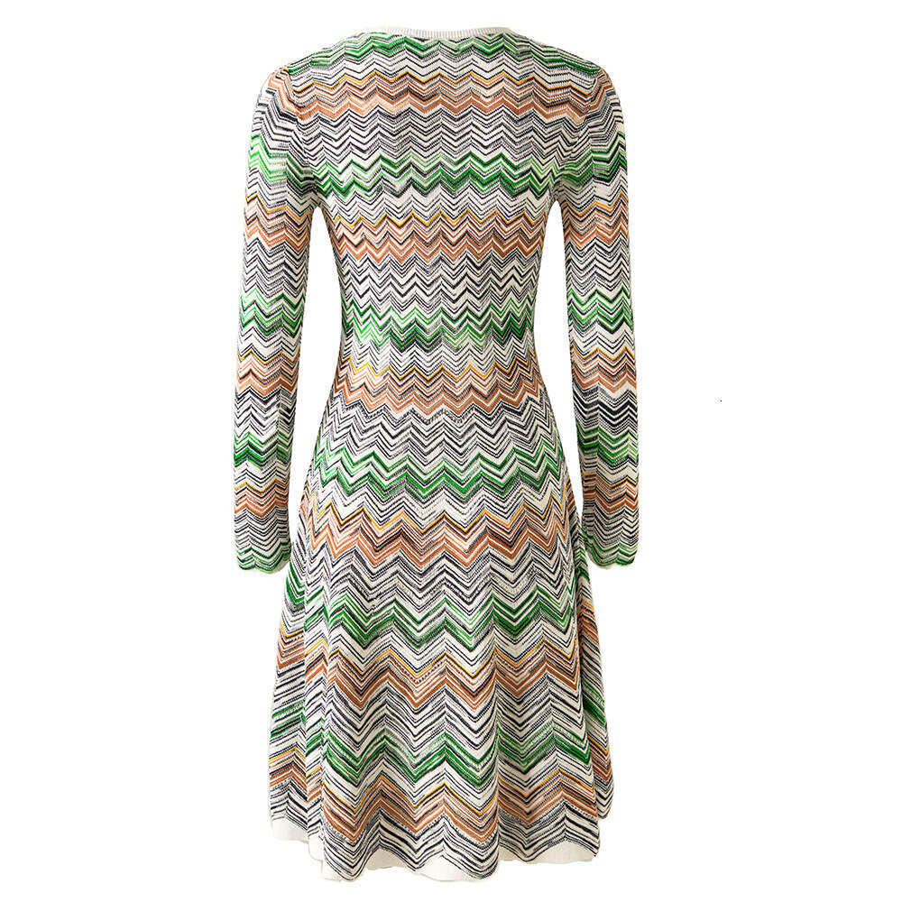 Designer Women's Fashion Large Bottom Color blocked Round Neck Long Sleeve Knitted d24 Dress Subtle Sexy Long Dress