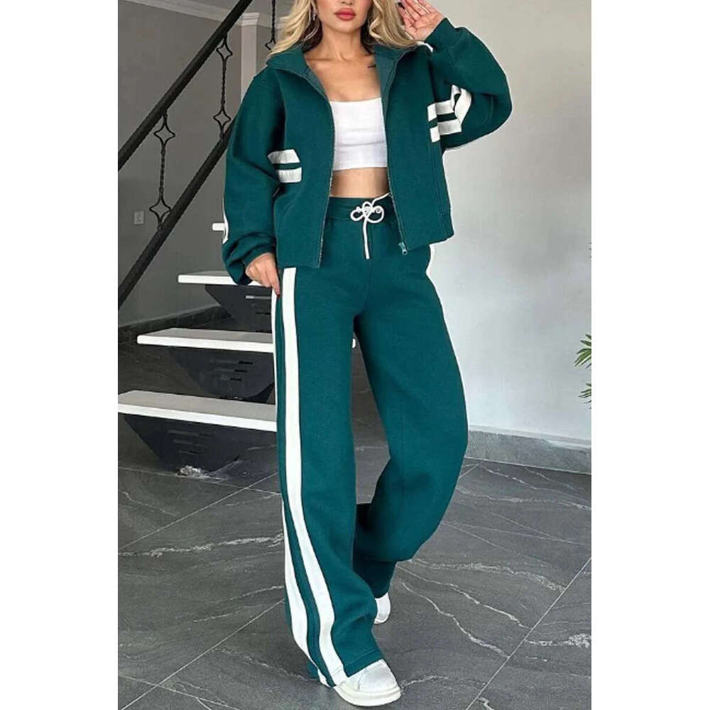 Freeacy Women's New Casual Suit Neck Zippered Loose Fit Jacket Outwear And High Waist Side-Striped Pants Sports Set