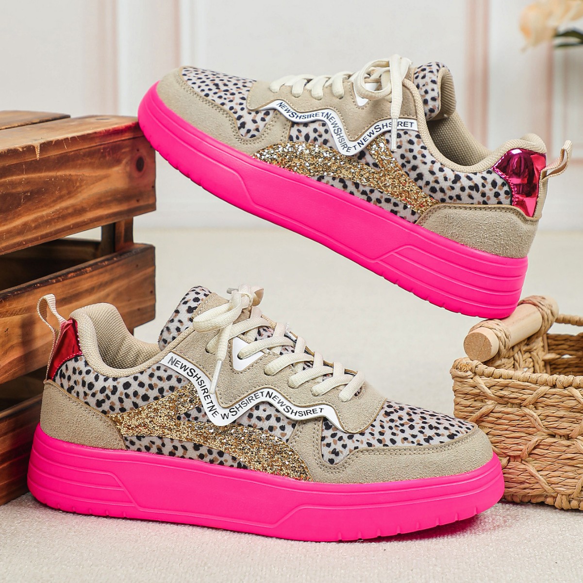 Kids Teen Girls Women Leopard Glitter Platform Sneakers Neon Pink Sole Casual Fashion Walking Shoes Breathable Comfort Students Street Style Club Wear