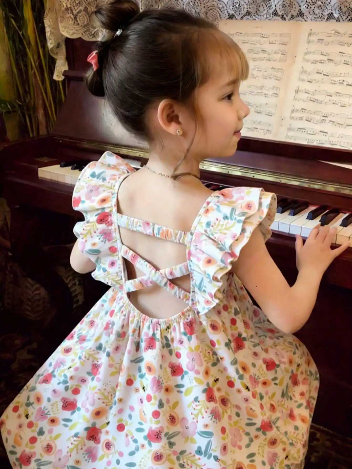 Girls mid length dress with ruffle sleeves cool summer style suitable for parties and casual wear A-line cut girls dressT260330