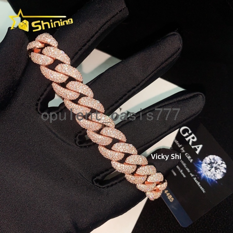 Rose Gold Color Iced Out 14mm Mosaic Setting Moissnaite Cuban Link Bracelet Custom Men 925 Silver VVS1 Moissanite Bracelet