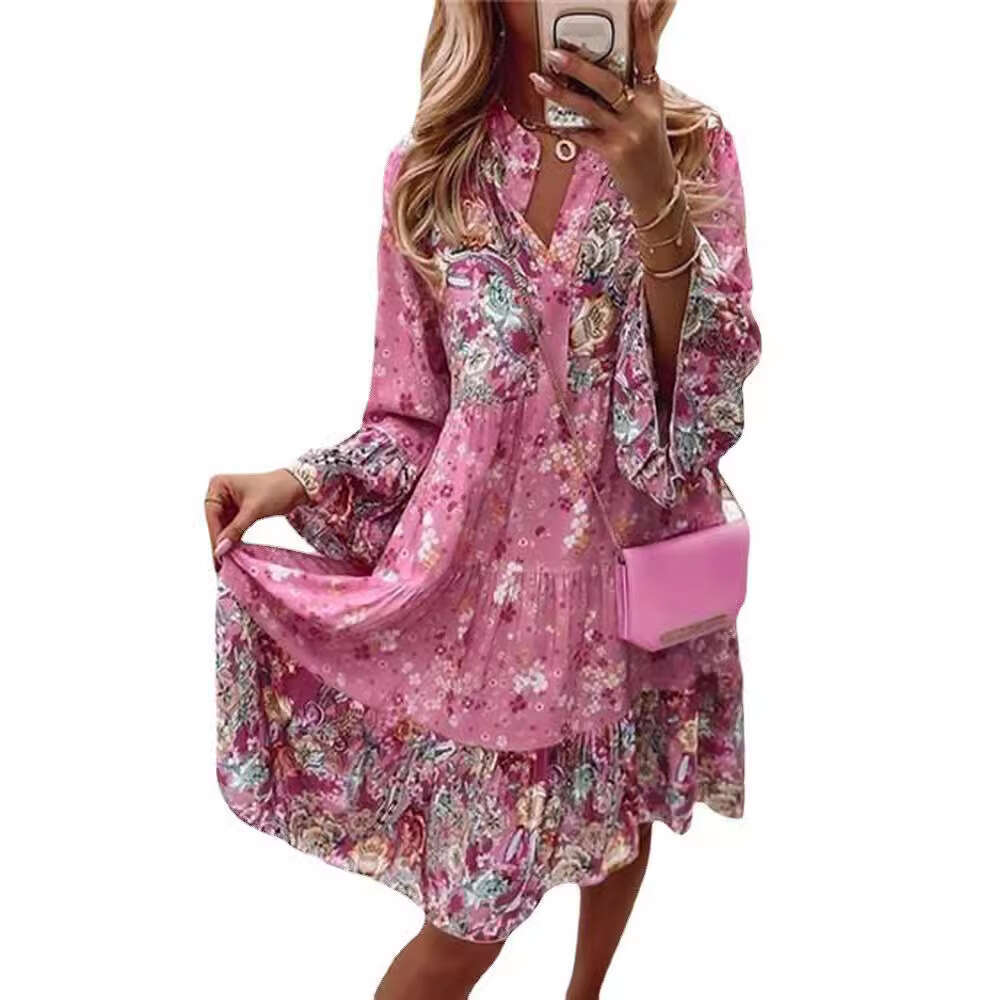 2026 cross-border spring/summer new women's printed patchwork short skirt, popular layered mini dress, in stock with real photos