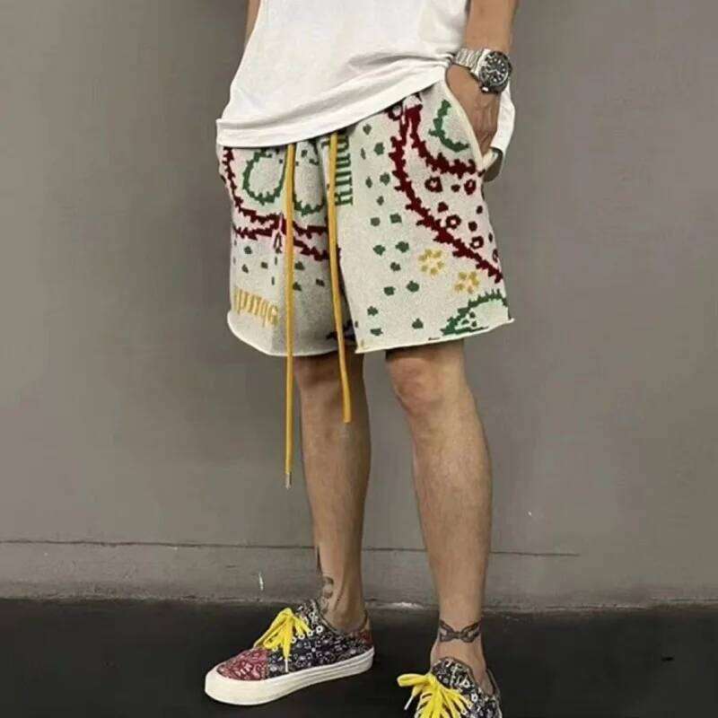 Y2k Cashew Flower Knitted Men Women Drawstring Loose Five Quarter Pant Summer American Vintage High Street Casual Shorts