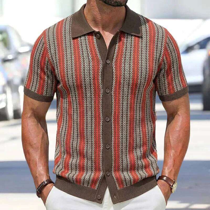 Summer Men Knitted Cardigan Short Sleeve Striped Shirts Fashion Jacquarded Blouse American Retro Premium Quality Knitwear M-3Xl