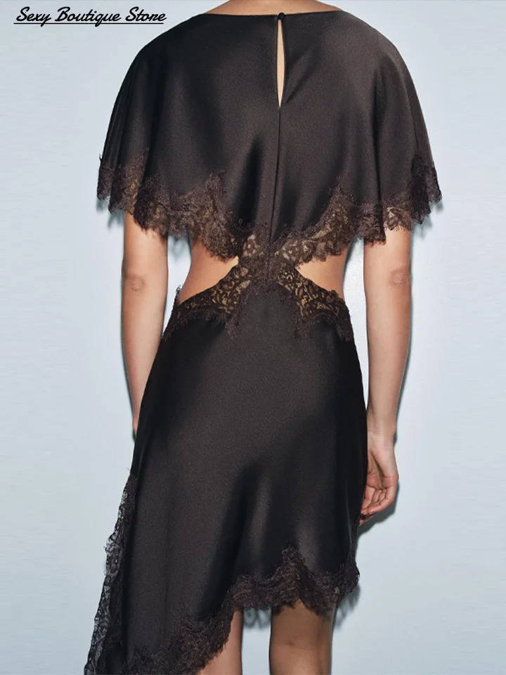 Sexy Vintage Brown Lace Satin Hollow Out Dress O Neck Shawl Half Sleeve Party Robes Chic Vacation Vestido Lady Dresses 260326