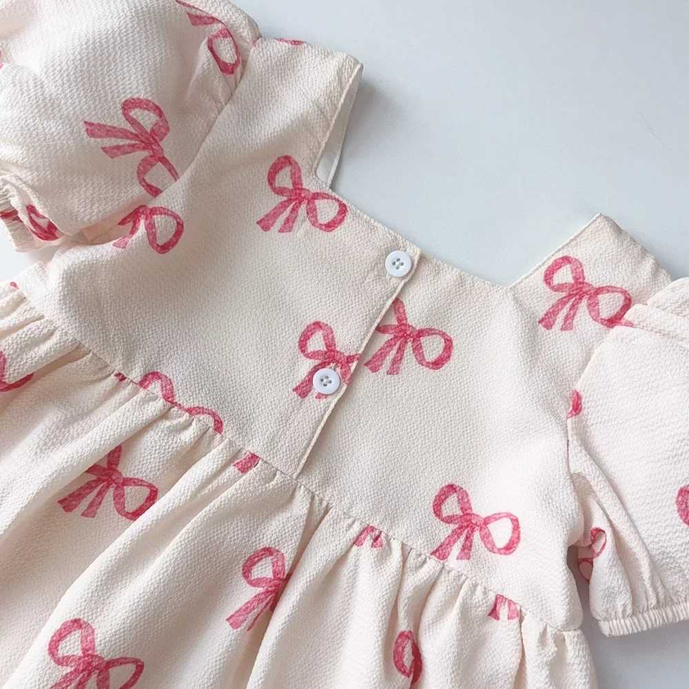 Bear Leader Summer Short Sleeved Girls Casual Dresses Pink Bow Print Square Neck Sweet Princess Dress Daily Simple Kids ClothesT260330