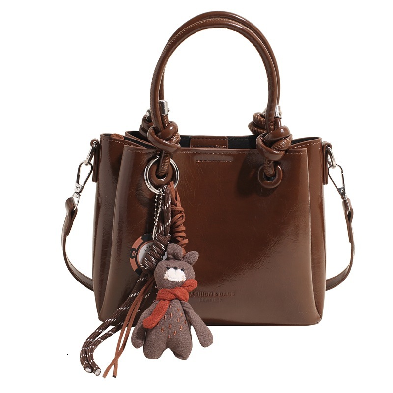 Free Shipping High Value Mini Tote Bag for Women Glossy Leather Handbag with Cute Bear Charm