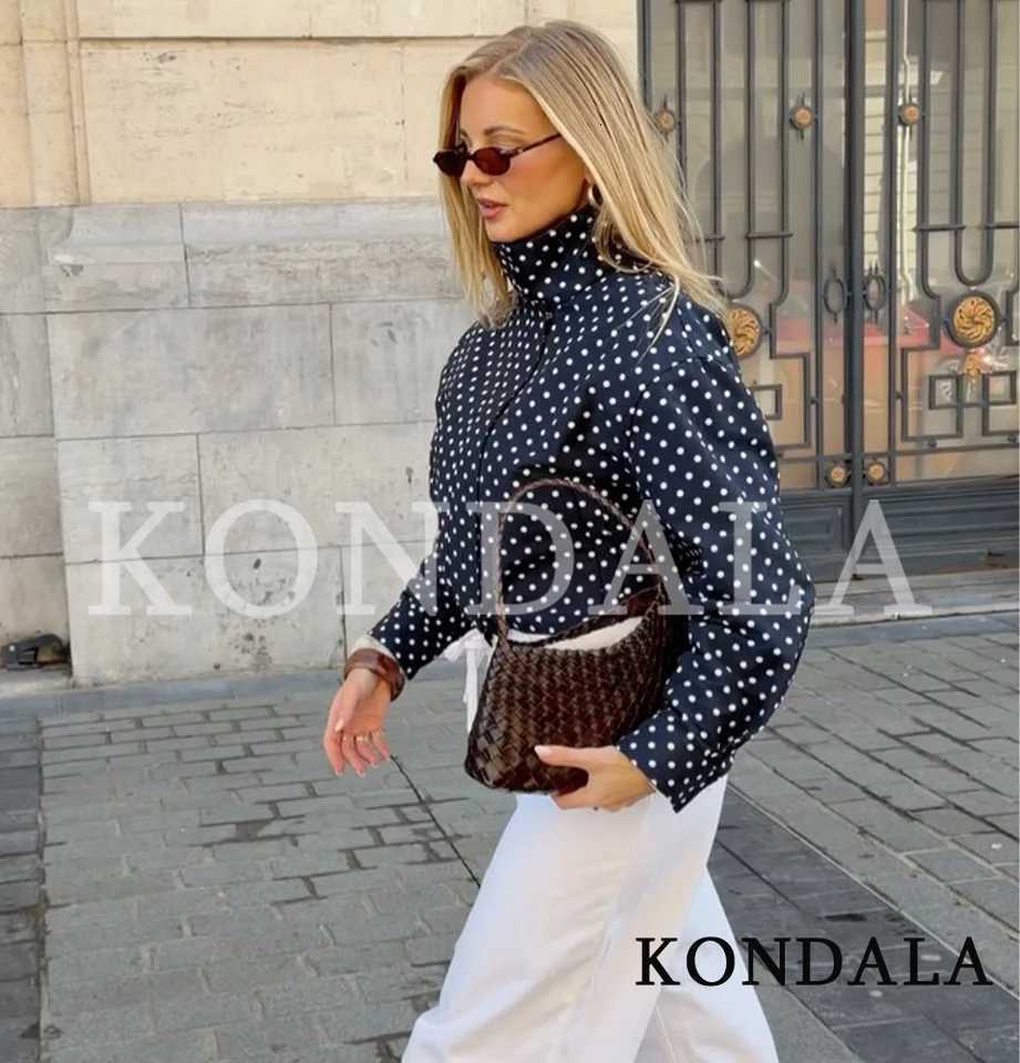 KONDALA Casual Polka Dot Jacket Womens Dark Navy Blue Stand Collar Jacket New 2026 Spring Summer Trendy High Street Lady JacketT260328