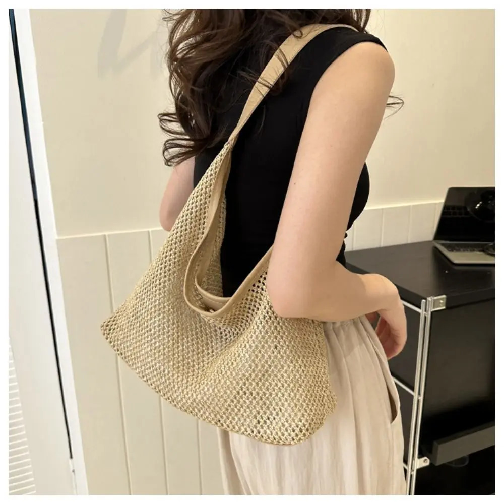 Purses Woven Bag Casual Bucket Bag Straw Underarm Bag Large Capacity Solid Color Shoulder Bag Women260316
