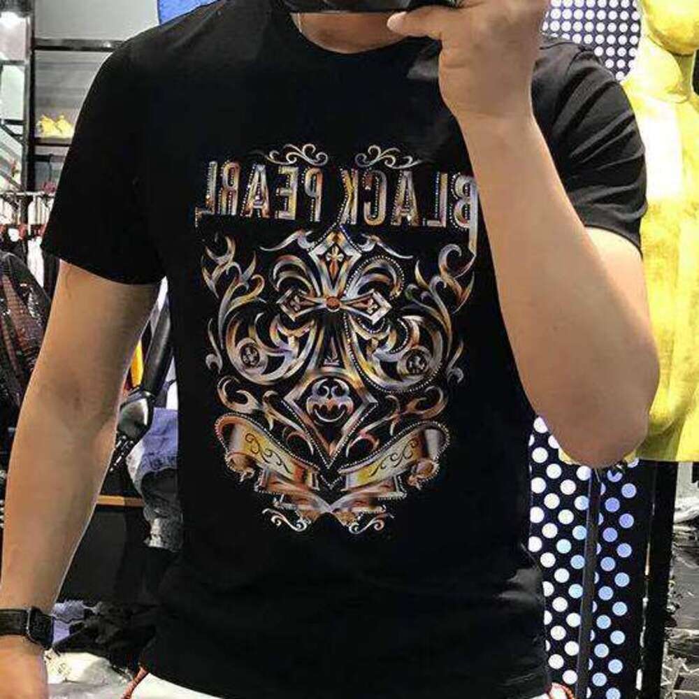 European Station Summer Mercerized Cotton Short T-Shirt Men's Totem Trendy Rhinestone Embroidery Half Sleeve Top Plus Size Ins