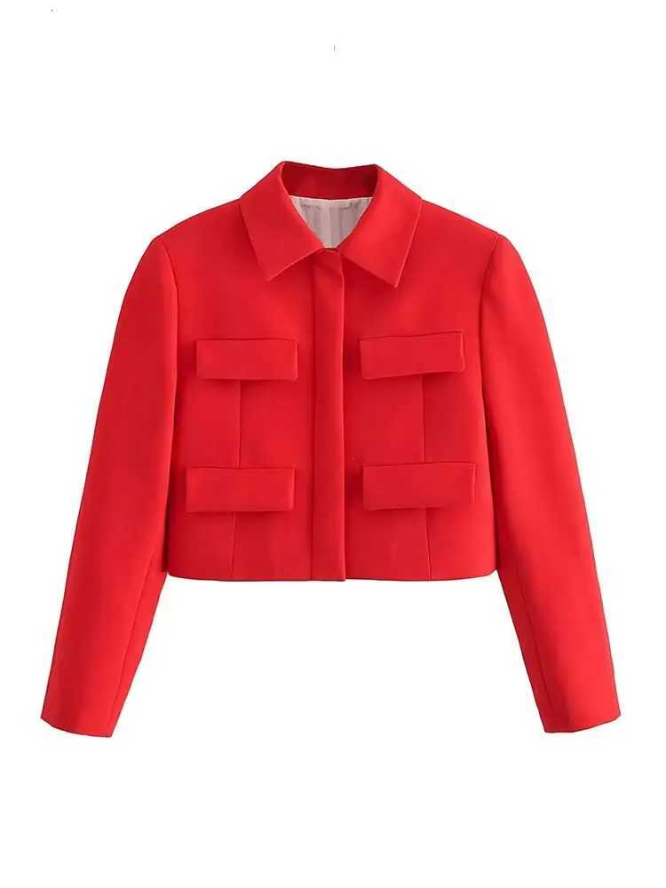 HH Womens Autumn Street Fashion Cropped Jackets With Pockets Long Sleeves Lapel Solid Color Slim Front Flap Causal CoatsT260328