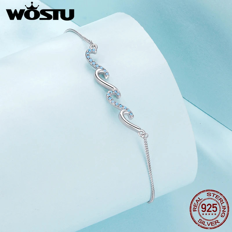 WOSTU 925 Sterling Silver Ocean Blue Wave Charm Anklet For Wave Ziron Foot Chain Links Girl Daugther Beach Jewelry Holiday Gift 260324