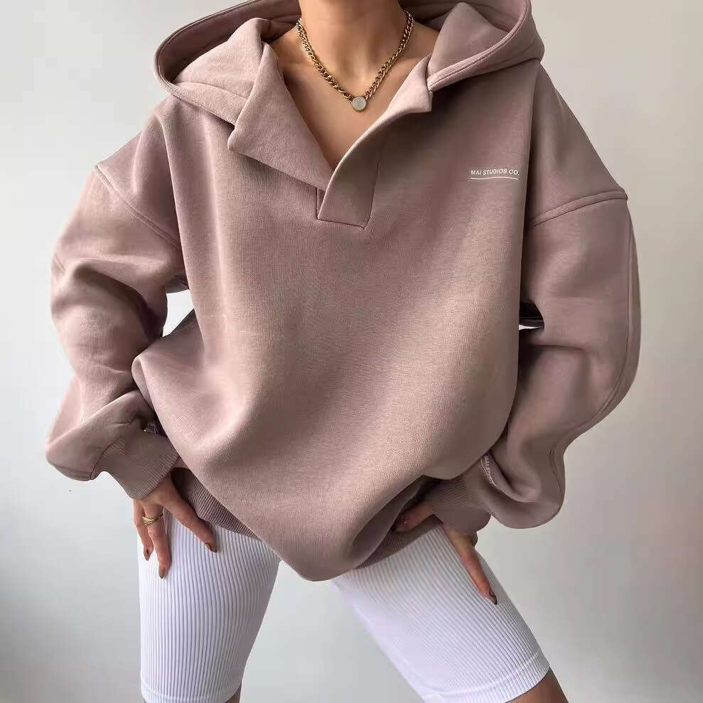 2026 European and American cross-border new style fleece-lined hooded printed long-sleeve basic versatile sweatshirt V-neck fleece shirt