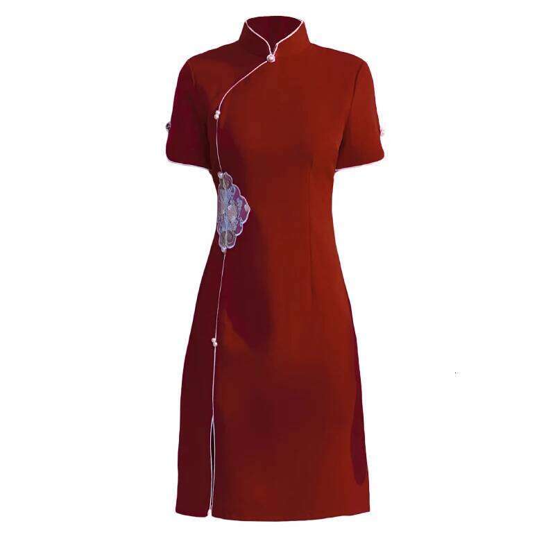 Traditional Chinese Red Black Apricot Embroidery Cheongsam Summer Short Sleeve Young Dress Modern Qipao New Year CNY MAKOUFEI