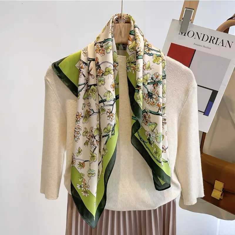 70cm Green Floral Butterfly Scarf Womens Imitation Silk Fresh and Versatile Thin Silk Scarveshigh-end Headscarf Neck Scarf Z260330