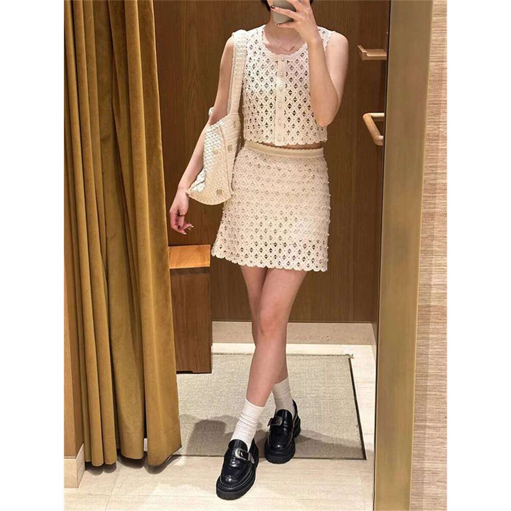 Summer New Women Hollow Out Pearl Decoration Vest Sleeveless Single-Breasted Tank Top Or Slim Ladies Mini Skirt Mdng260330
