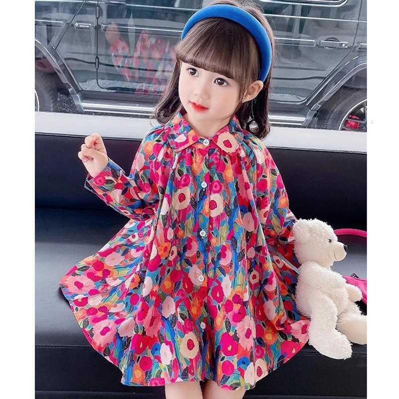 Spring Autumn New Girls Princess Dress Full Print Flowers Long Sleeve Lapel Collar Dress For 2-8 Years Girls Casual Shirt SkirtT260330