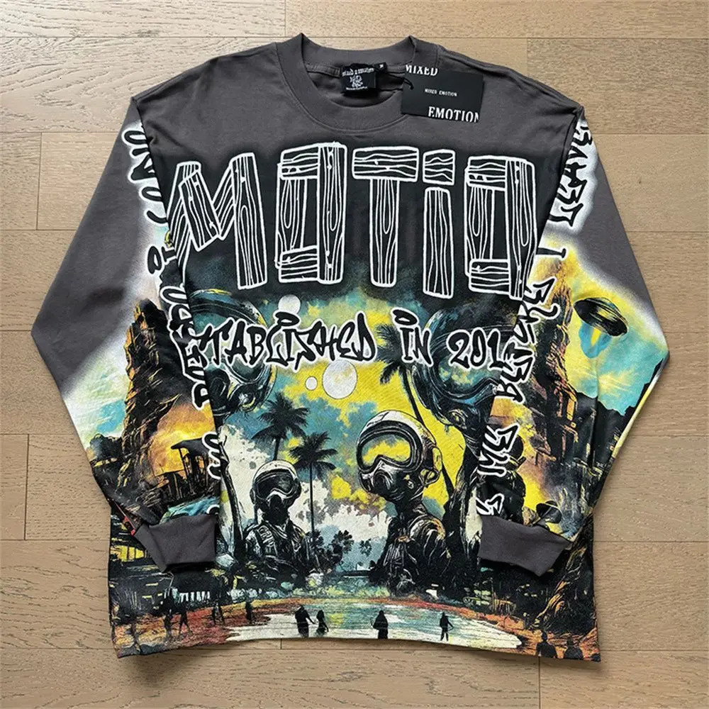 MIXED EMOTION Long Sleeve T-shirt Men Women High Street Full Print 100 Cotton Crewneck Hip Hop Oversized Tops 260326