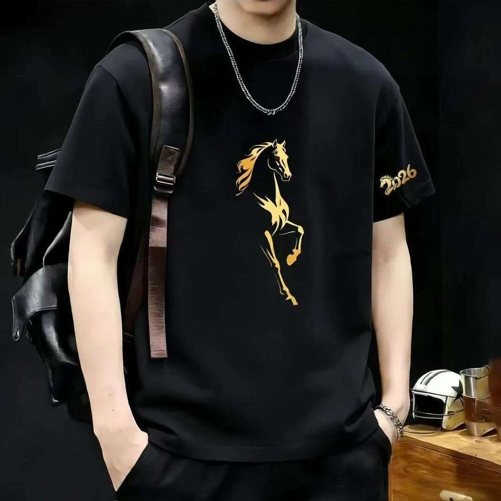 2026 Year Of Horse Popular Pure Cotton Gold Horse Print Short-Sleeve Men, Red High-End T-Shirt For The Zodiac Year