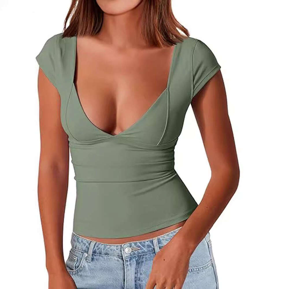 Cross Border Fashion Queen Women S Sexy Deep V Neck Backless Top Short Sleeve Slim Fit T Shirt Basic Style