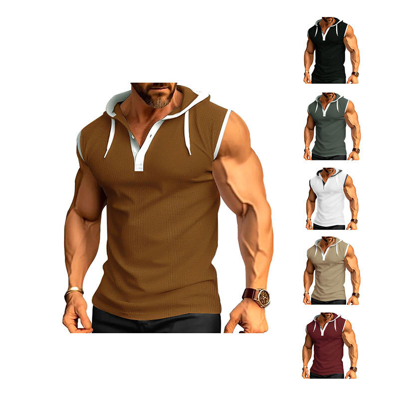 European and American cross-border Amazon 2024 summer new men's vest heavy-duty hooded sleeveless T-shirt trendy casual wear