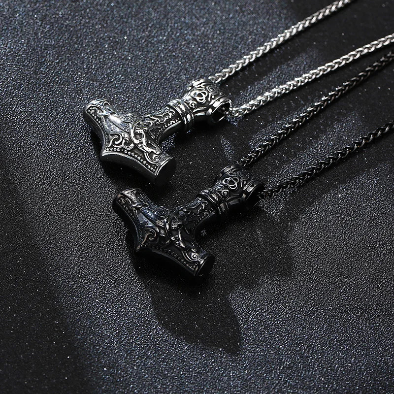Mjolnir The Hammer of Thor Norse Pagan Symbol Pendant Necklace Stainless Steel Double Sided Dragon n Viking Jewelry 260327